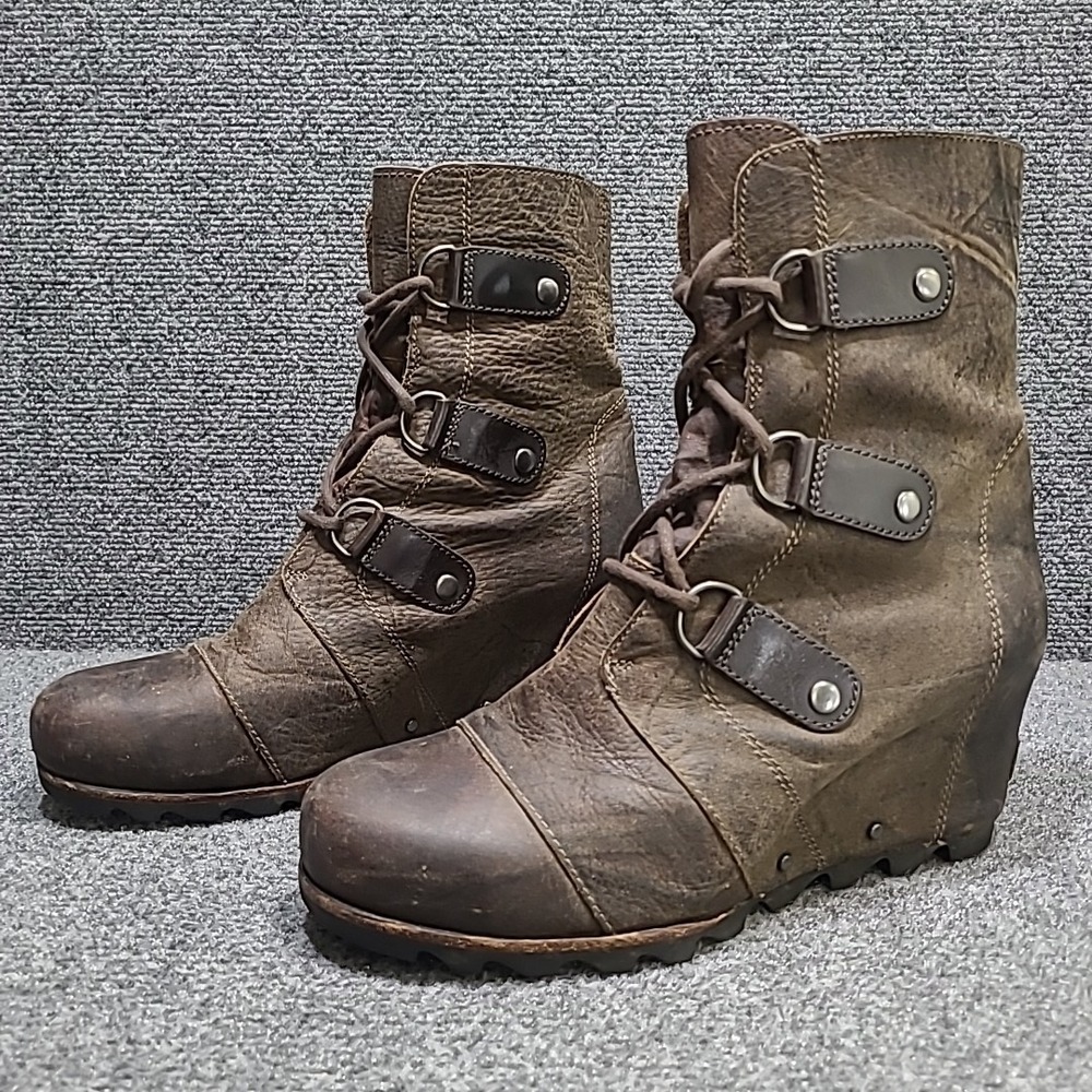 Sorel Joan of Arctic Wedge Lace Up Leather Boots Brown Womens Size 9.5 / EU 40.5 - Picture 2 of 13